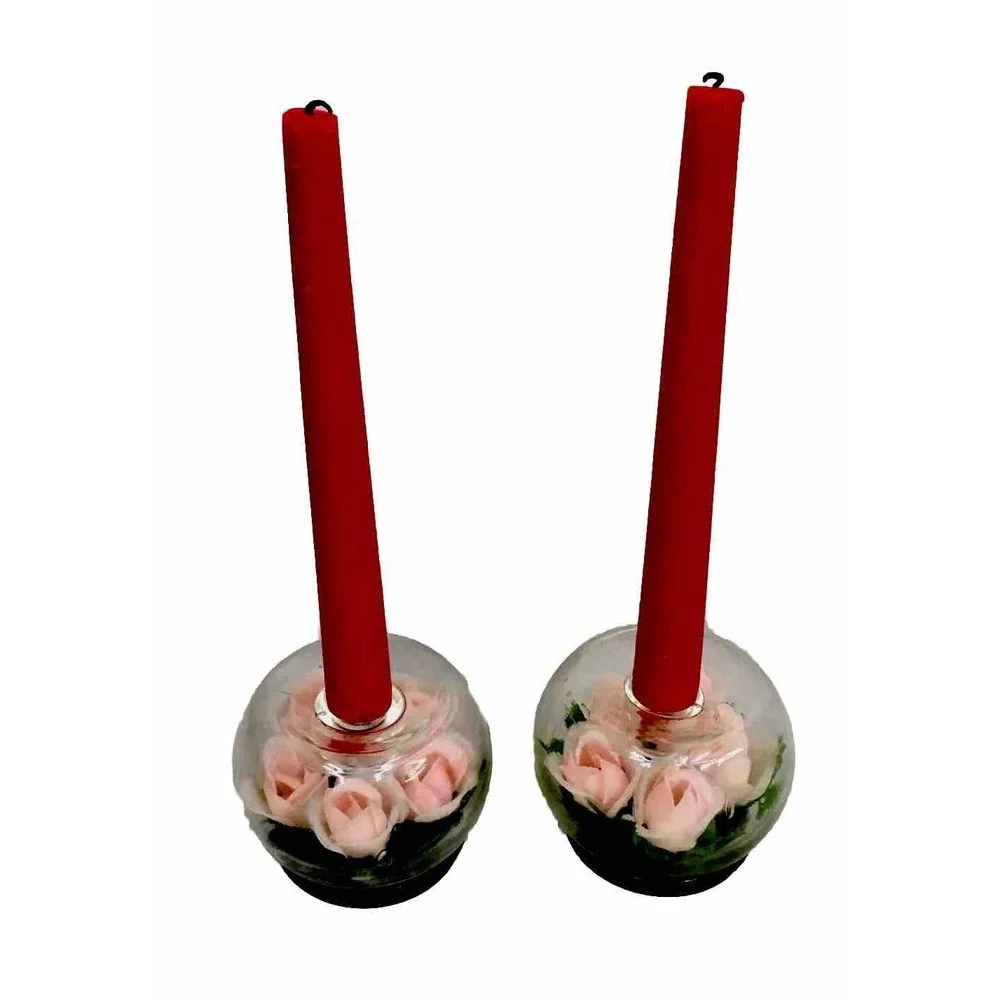 Candle Holders 2 Glass Terrarium Pink Roses Shabby Cottage Core Candles Not Iclu